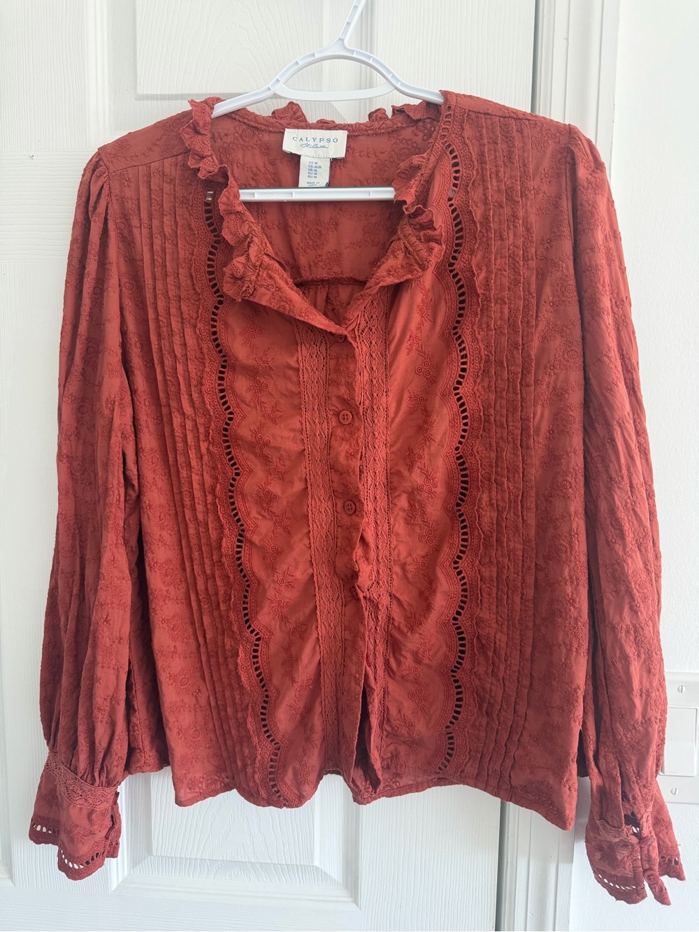 Calypso St. Barth Rust Lace-Trim Button-Front Blouse 100 percent cotton